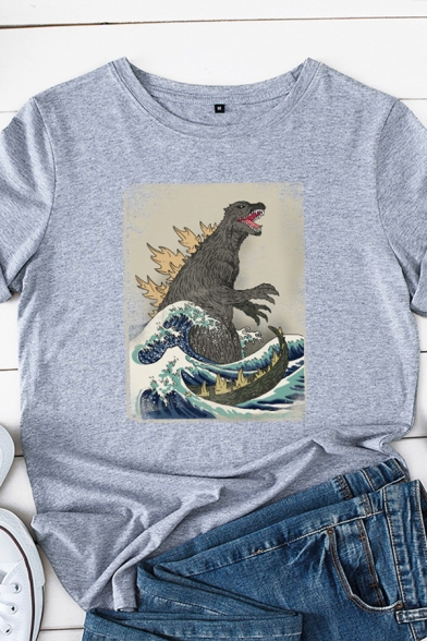 Simple Girls Rolled Short Sleeve Round Neck Dinosaur Wave Printed Relaxed Fit T-Shirt