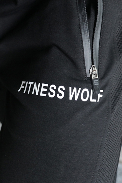 Sports Mens Drawstring Waist Letter FITNESS WOLF Printed Contrasted Long Length Fitted Sweatpants