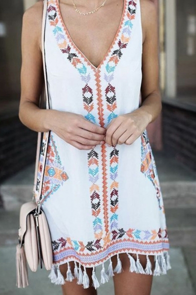 Summer Popular Girls Sleeveless V-Neck Floral Patterned Tassel Mini A-Line Tank Dress