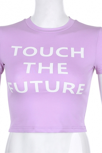 Trendy Girls Short Sleeve Round Neck Letter TOUCH THE FUTURE Print Fitted Cropped Tee Top