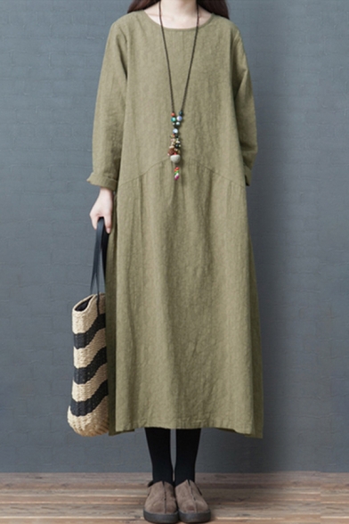 Vintage Popular Womens Long Sleeve Round Neck Solid Color Cotton and Linen Maxi Oversize Dress