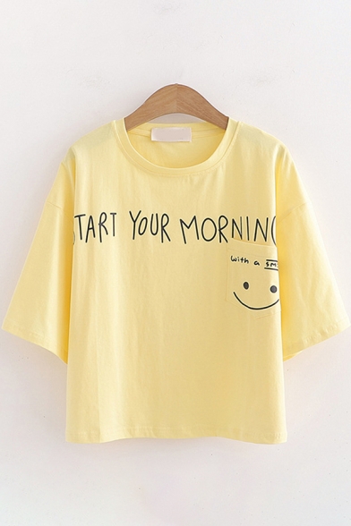 Basic Girls Short Sleeve Round Neck START YOUR MORNING Smile Face Graphic Pocket Panel Relaxed Crop Tee