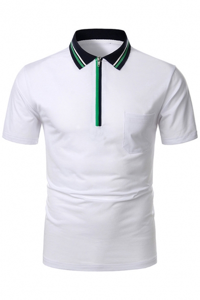 Casual Guys Short Sleeve Lapel Neck Half Zipper Striped Contrasted Regular Fit Polo Shirt