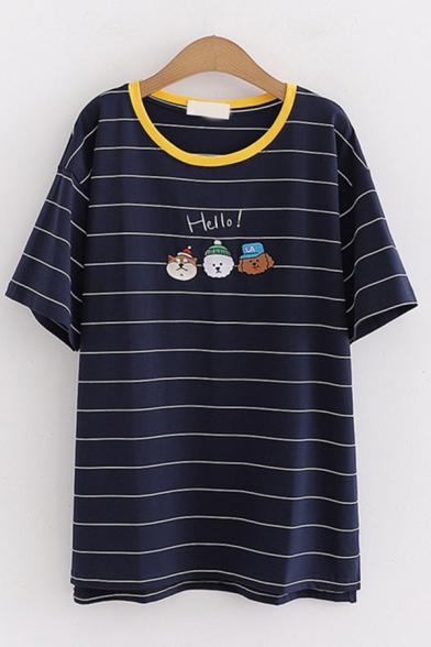 Casual Womens Short Sleeve Round Neck Letter HELLO Cartoon Graphic Striped Contrasted Slit Side Relaxed Fit Tee Top