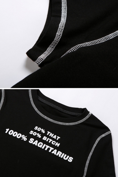 Chic Cool Girls Short Sleeve Crew Neck Letter 50% THAT 50% BITCH Print Contrast Piped Slim Fit Crop T-Shirt in Black