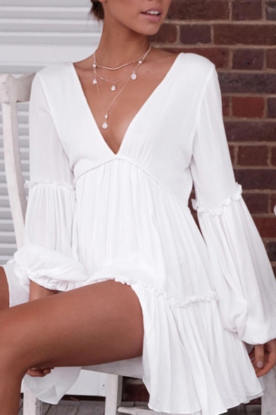 Chic Sexy Womens White Blouson Sleeve V-Neck Ruffled Trim Mini Pleated A-Line Dress