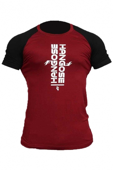 Classic Mens Short Sleeve Crew Neck Letter HANGOSE Printed Color Block Slim Fitted T-Shirt