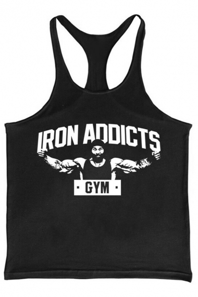 Cool Sports Mens Sleeveless Round Neck Letter IRON ADDICTS GYM Comic Graphic Relaxed Fitness Tank Top
