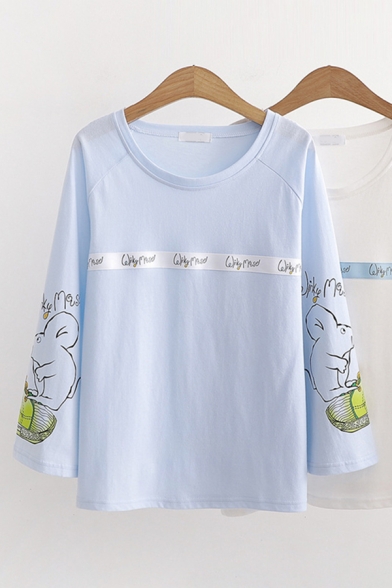 Creative Girls Long Sleeve Round Neck Letter Print Rabbit Graphic Relaxed Fit T-Shirt