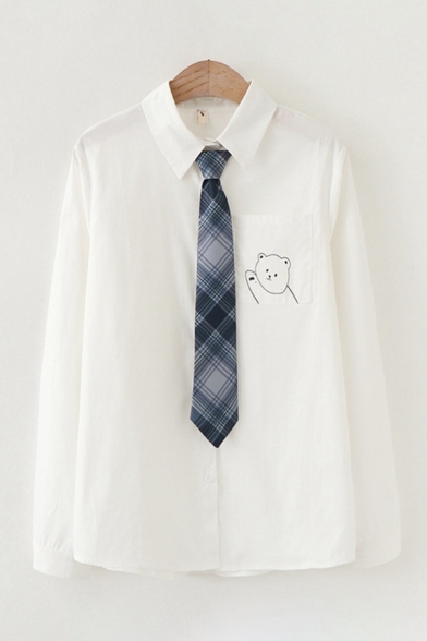 Cute Formal Girls Long Sleeve Lapel Neck Pocket Bear Printed Relaxed Fitted White Shirt with Plaid Tie