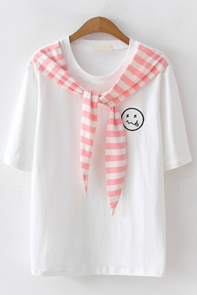 Cute Womens Short Sleeve Round Neck Striped Tied Front Cartoon Face Relaxed T Shirt