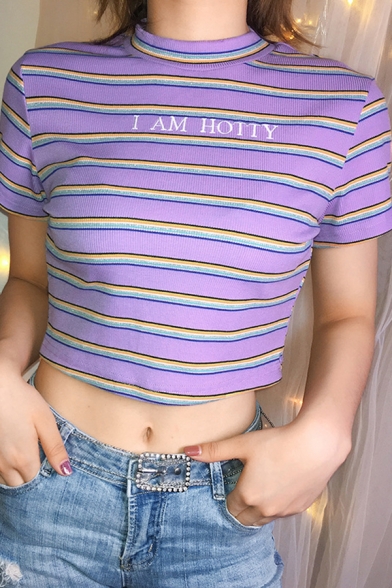 Fancy Girls Short Sleeve Crew Neck I AM HOTTY Striped Knitted Fit Crop T-Shirt in Purple