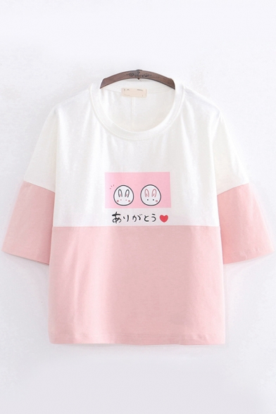 Fancy Girls Three-Quarter Sleeve Round Neck Cartoon Face Japanese Letter Graphic Colorblock Relaxed T-Shirt