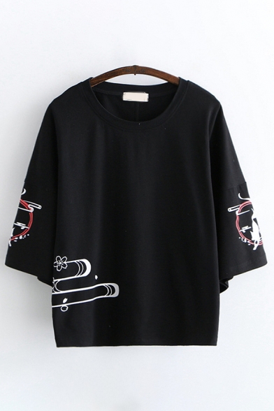 Girls Harajuku Three-Quarter Sleeves Round Neck Cartoon Printed Loose Fit T Shirt in Black