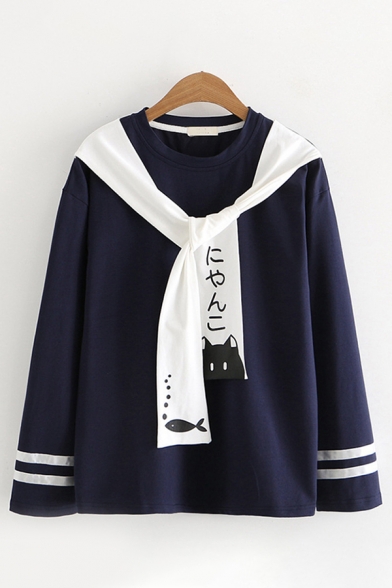 Harajuku Girls Long Sleeve Round Neck Japanese Letter Cat Fish Print Tied Front Varsity Stripe Loose Tee
