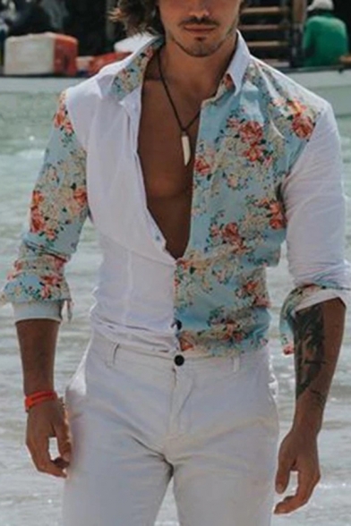 Hot Beach Boy Long Sleeve Lapel Collar Button Down Flower Printed Panel Fitted Shirt in White