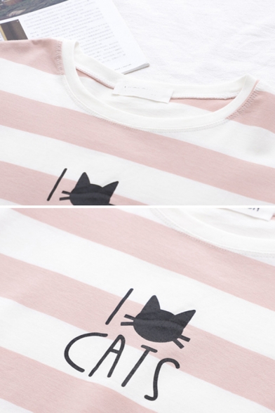 Leisure Womens Three-Quarter Sleeve Round Neck I CATS Cat Stripe Graphic Relaxed Fit T Shirt