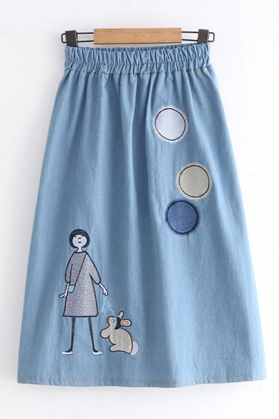 Lovely Casual Girls Elastic Waist Cartoon Girl Rabbit Embroidery Long Length A-Line Skirt