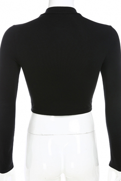Popular Basic Girls Long Sleeve Mock Neck Letter SURE Printed Slim Fit Crop T-Shirt in Black