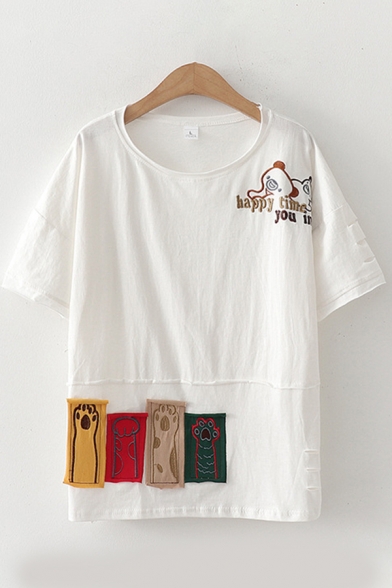 Popular Womens Short Sleeve Round Neck Letter Bear Embroidered Patched Relaxed Tee Top