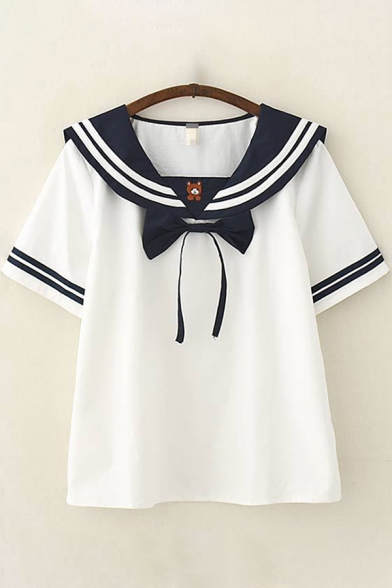 Preppy Girls Short Sleeve Sailor Collar Bow Tie Front Varsity Stripe Bear Embroidered Relaxed T Shirt