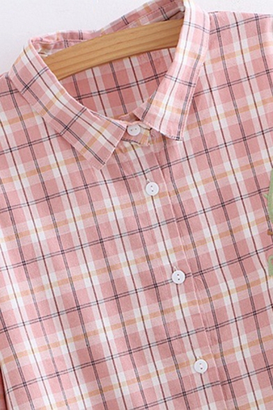 Preppy Looks Long Sleeve Lapel Collar Button Down Cartoon Avocado Embroidery Checkered Print Relaxed Shirt