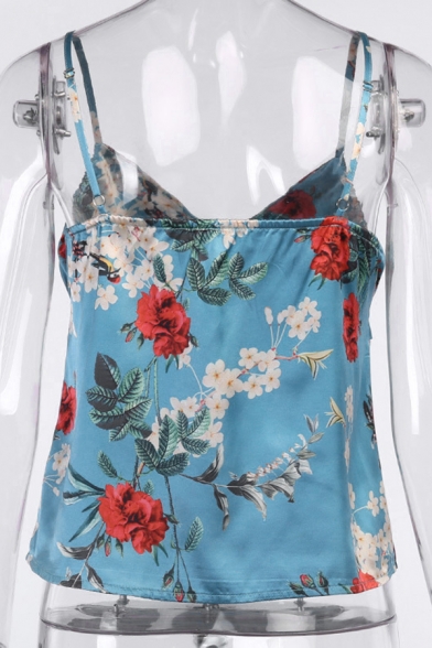 Pretty Ladies Blue Sleeveless All Over Flower Printed Stringy Selvedge Ruched Relaxed Cami Top