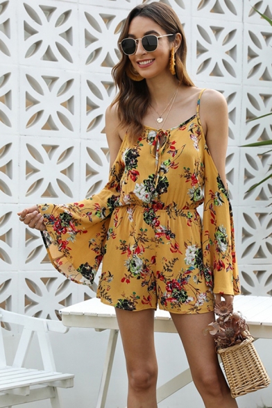 Pretty Ladies Long Sleeve Cold Shoulder Allover Floral Printed Bow Tie Front Relaxed Romper in Yellow