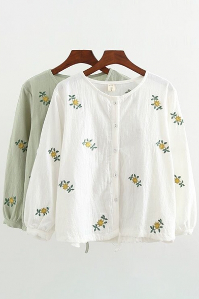Pretty Leisure Long Sleeve Round Neck Button Down All Over Flower Embroidered Relaxed Cardigan for Women