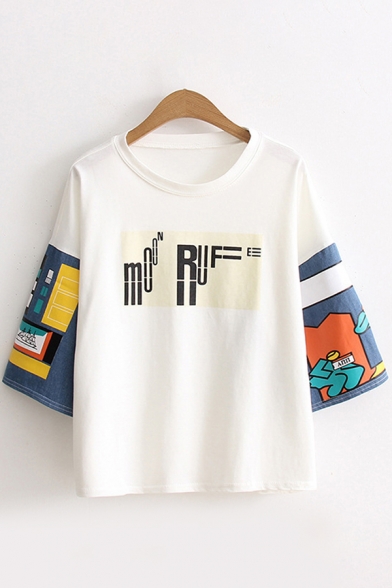 Streetwear Womens Three-Quarter Sleeves Round Neck Letter Print Cattoon Graphic Relaxed Fit Tee Top