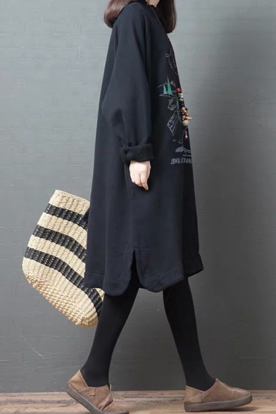 Trendy Girls Roll Up Sleeves Crew Neck Cartoon Letter Graphic Sherpa Liner Midi Oversize Dress in Black