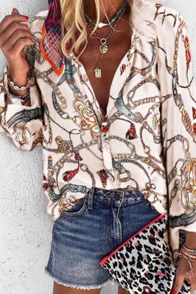 Trendy Ladies Long Sleeve Lapel Neck Button Down All Over Chain Printed Relaxed Shirt