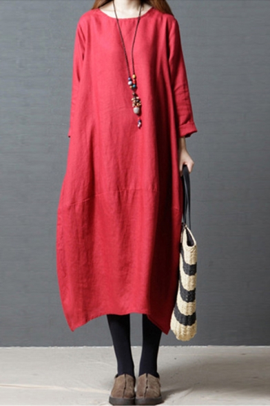 Womens Retro Long Sleeve Round Neck Solid Color Cotton and Linen Maxi Oversize Dress