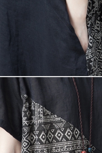 Womens Vintage Black Short Sleeve Round Neck Floral Print Panel Linen Maxi Oversize Dress