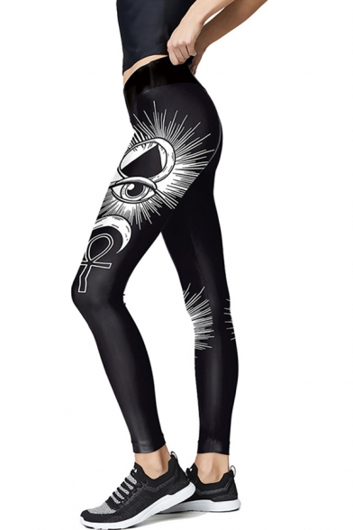 Active Girls Mid Rise Cartoon Eye Geo Gender Symbol Print Stretchy Ankle Length Slim Fit Leggings in Black