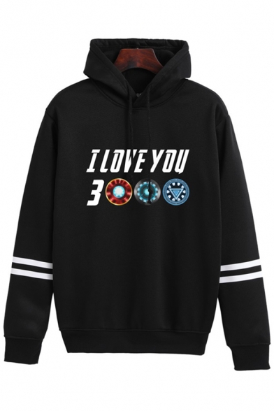 Casual Guys Long Sleeve Drawstring Letter I LOVE YOU 3000 Graphic Varsity Stripe Relaxed Hoodie
