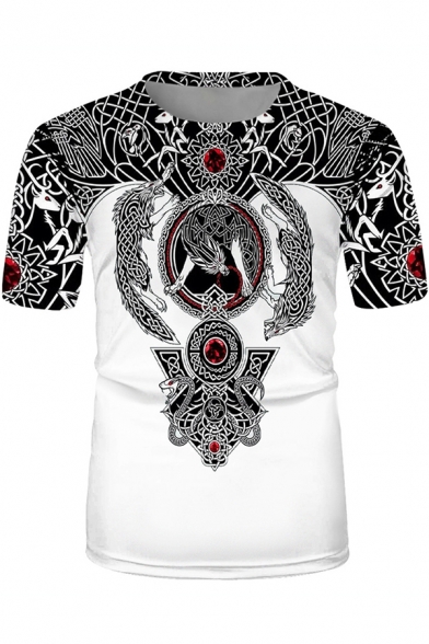 Casual Mens Short Sleeve Crew Neck Flower Wolf Patterned Slim Fit T Shirt in White