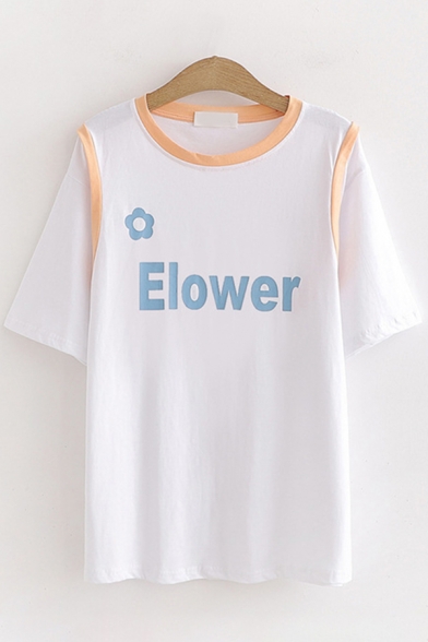 Chic Girls Short Sleeve Round Neck ELOWER Floral Graphic Contrast Piped Patched Loose Tee Top