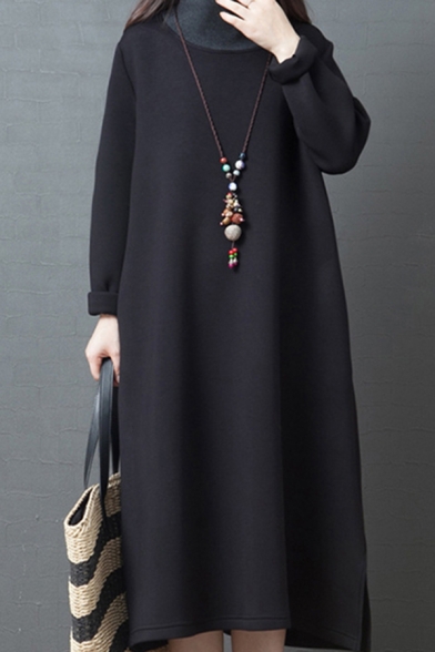 Chic Simple Solid Color Long Sleeve High Collar Slit Sides Sherpa Liner Long Oversize Sweatshirt Dress for Ladies
