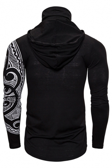 Cool Mens Long Sleeve Drawstring Hooded Floral Print Stretchy Fitted Ninja T Shirt