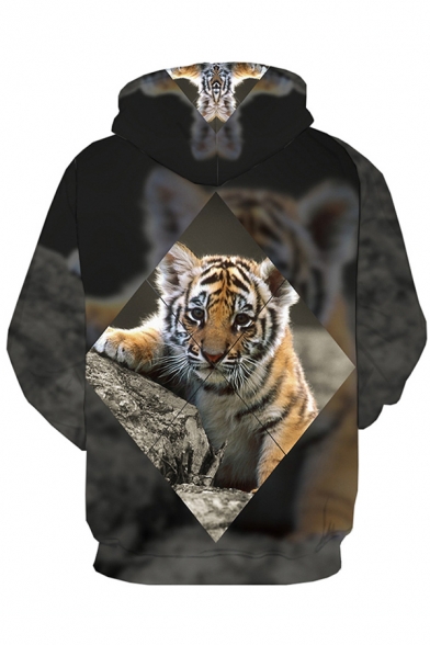 Cool Street Boys Long Sleeve Drawstring Tiger 3D Printed Pouch Pocket Loose Hoodie in Black