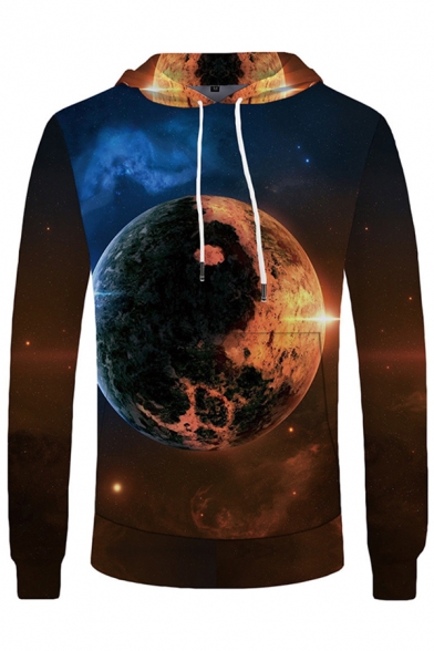 Creative Boys Long Sleeve Drawstring Yin Yang Planet 3D Pattern Fitted Hoodie in Brown