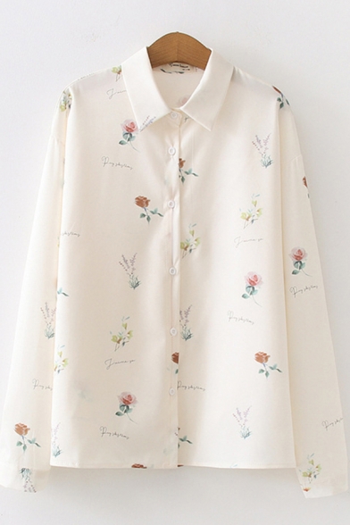 Fancy Girls Long Sleeve Lapel Neck Letter Print All Over Floral Printed Loose Shirt in Apricot
