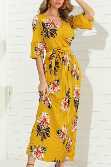 

Fancy Ladies Ruffled Sleeve Surplice Neck Bow Tie Waist All Over Floral Print Maxi Pleated Shift Dress, Burgundy;white;yellow;navy, LM609387