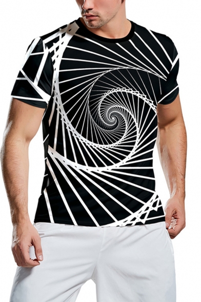 Fashionable Mens Short Sleeve Crew Neck Stripe Vortex 3D Print Fitted T-Shirt in Black