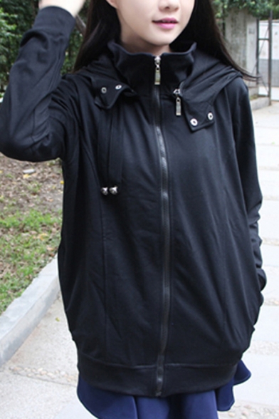 Girls Popular Long Sleeve Stand Collar Zipper Front Solid Color Loose Hoodie in Black