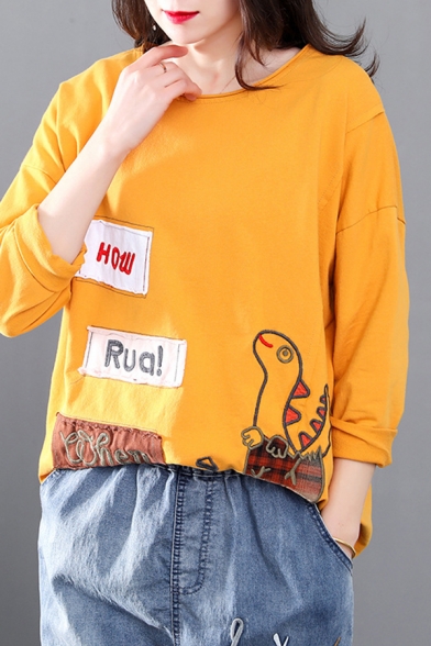 Girls Stylish Long Sleeve Round Neck Letter HOW ROA WHEN Dinosaur Embroidered Distressed Asymmetric Roll Edge Patchwork Relaxed Fit T-Shirt