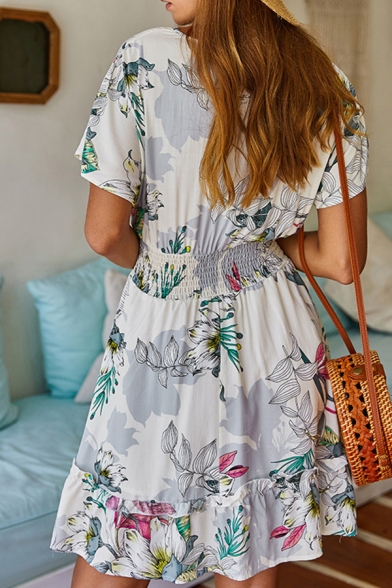 Glamorous Short Sleeve V-Neck All Over Floral Printed Elastic Waist Ruffled Trim Short Pleated A-Line Beach Dress