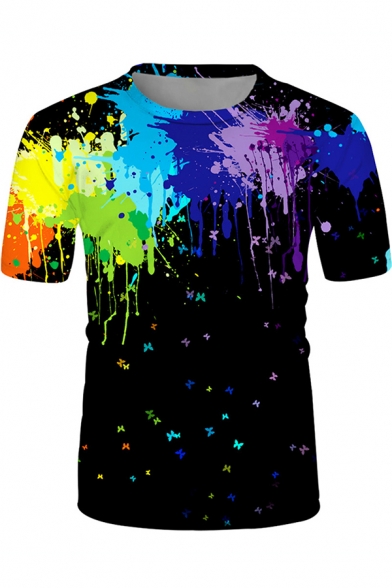 Guys Fancy Short Sleeve Crew Neck Colorful Splash-Ink Print Fitted T Shirt in Black