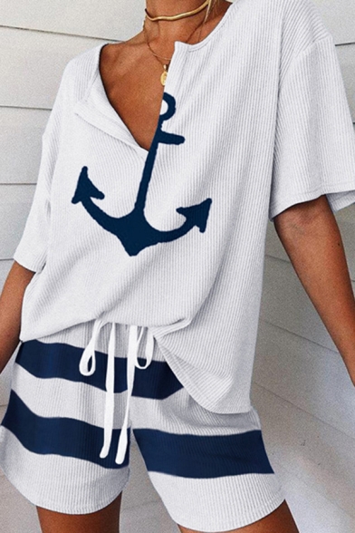 Leisure Womens Short Sleeve V-Neck Anchor Pattern Loose Tee & Drawstring Waist Striped Relaxed Shorts